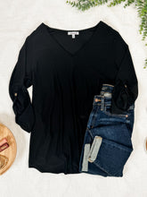 Load image into Gallery viewer, V Neck Stretchy Blouse Top With Button Sleeve Detail In Black