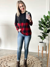 Load image into Gallery viewer, Color Block Hoodie In Red &amp; Black Plaid