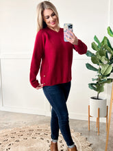 Load image into Gallery viewer, V Neck Knit Sweater With Side Button Detail In Red