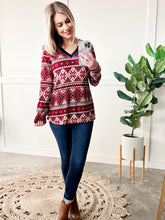 Load image into Gallery viewer, V Neck Sweater Knit Top In Red Snowflake