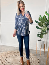Load image into Gallery viewer, Gabby Front Top With Button Sleeve Detail In Silver Slate Blue Florals