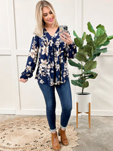 Load image into Gallery viewer, Floral Print Top With Elastic Sleeve In Navy &amp; Natural
