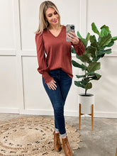 Load image into Gallery viewer, V Neck Top With Smocked Sleeve Detail In Urban Rose