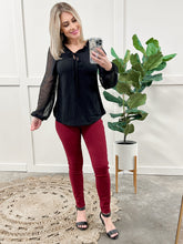 Load image into Gallery viewer, Tie Front Top With Sheer Sleeve Detail In Black