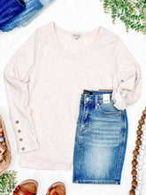 Load image into Gallery viewer, Waffle Knit Top With Button Sleeve Detail In Heathered Oatmeal