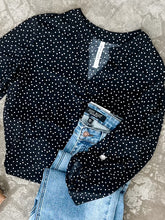 Load image into Gallery viewer, Gabby Front Top With Button Sleeve Detail In Black Polka Dots