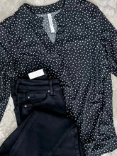 Load image into Gallery viewer, Gabby Front Top With Button Sleeve Detail In Black Polka Dots