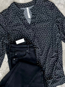 Gabby Front Top With Button Sleeve Detail In Black Polka Dots