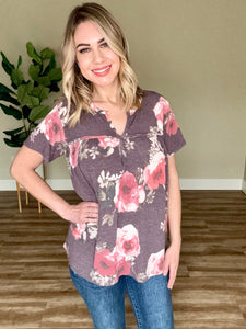 Front Seam Detail Top In Plum Florals
