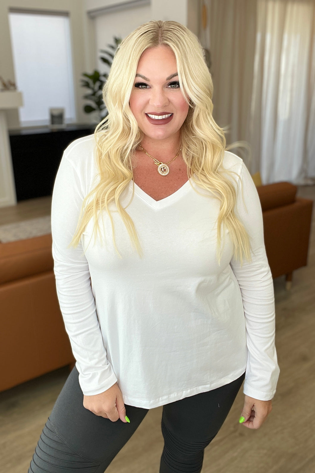 Long Sleeve V-Neck Top in White