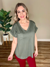 Load image into Gallery viewer, V Neck Short Sleeve Top With Pocket Detail In Sage