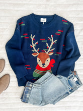 Load image into Gallery viewer, Crew Neck Reindeer Sweater In Navy