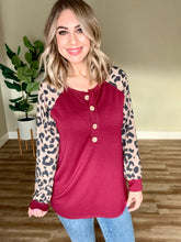 Load image into Gallery viewer, Long Sleeve Button Front Henley In Burgundy &amp; Leopard