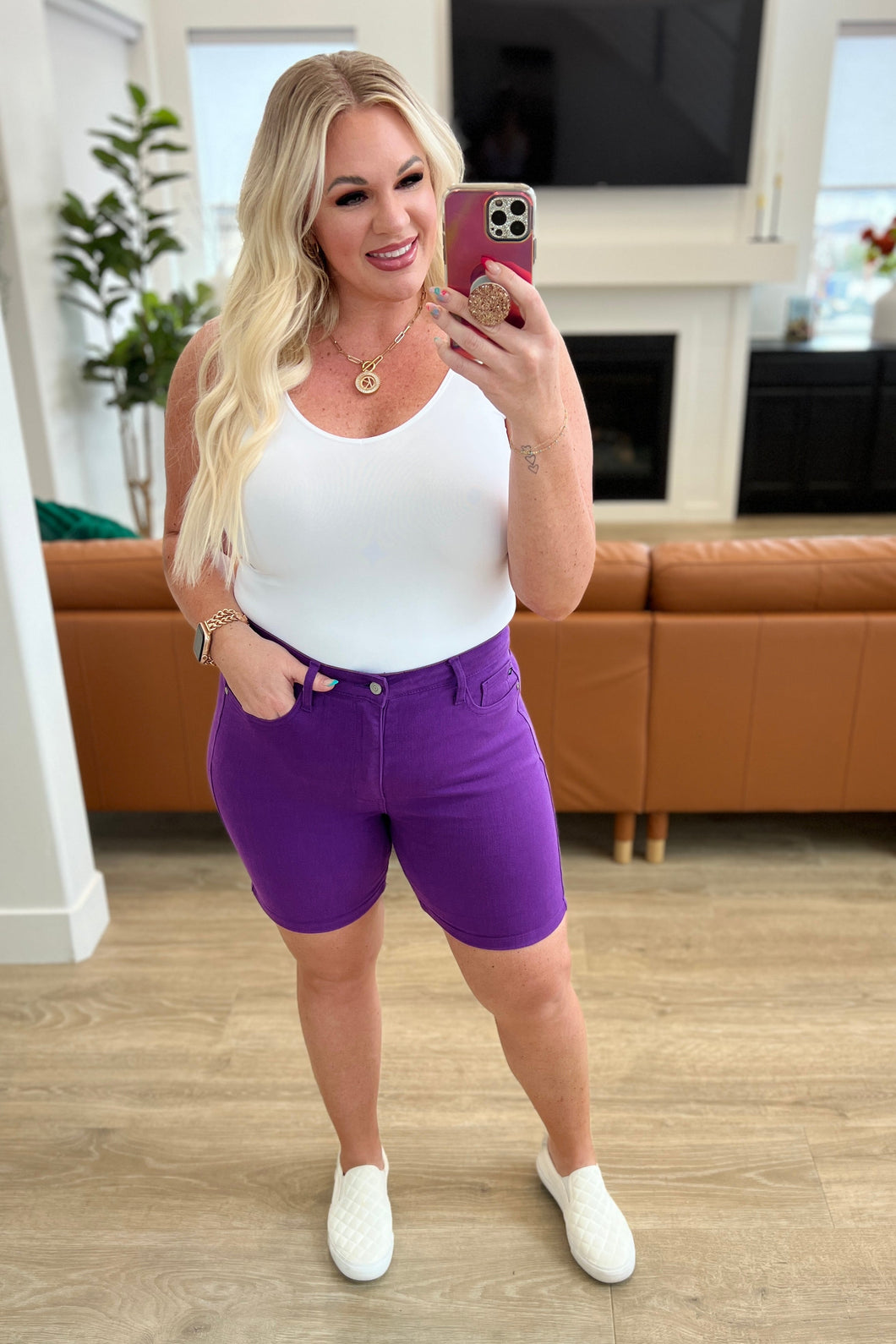High Rise Control Top Cuffed Judy Blue Shorts in Purple