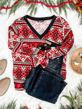 Load image into Gallery viewer, V Neck Sweater Knit Top In Red Snowflake