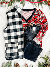 Load image into Gallery viewer, V Neck Sweater Knit Top In Red Snowflake