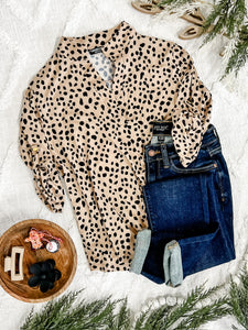 Gabby Front Top With Button Sleeve Detail In Leopard