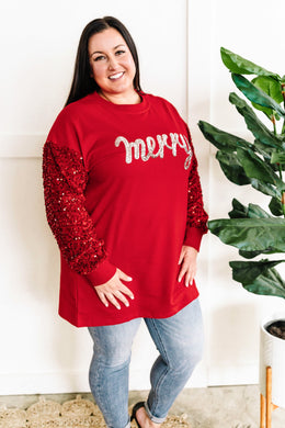 Merry Sequin Detailed Pullover In Holiday Red