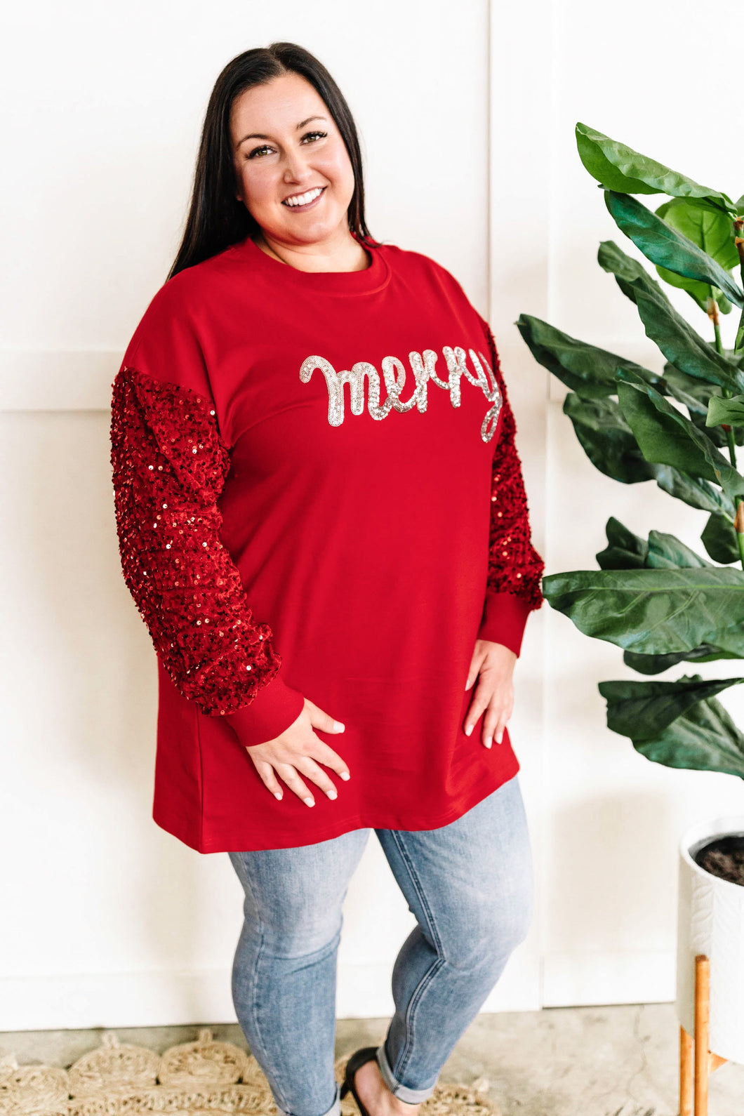 Merry Sequin Detailed Pullover In Holiday Red