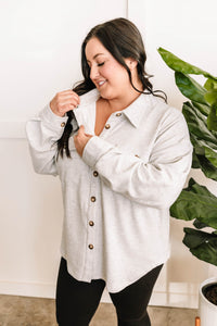 Fleece Button Down Shacket In Light Grey