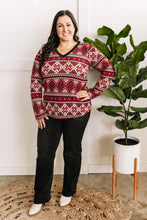 Load image into Gallery viewer, V Neck Sweater Knit Top In Red Snowflake