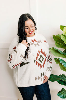 Popcorn Aztec Sweater In Cream, Olive & Rust