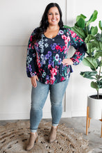Load image into Gallery viewer, Stretchy Scoop Neck Top In Navy &amp; Pink/Purple Florals