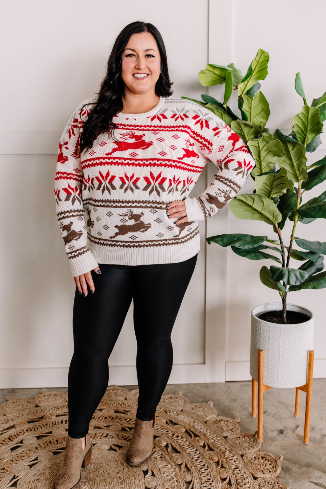 Cozy Knit Reindeer Sweater In Ivory