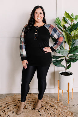 Button Front Henley With Plaid Sleeves In Black