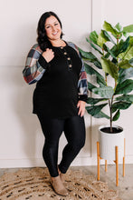 Load image into Gallery viewer, Button Front Henley With Plaid Sleeves In Black