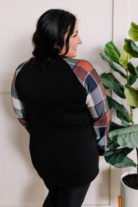 Button Front Henley With Plaid Sleeves In Black