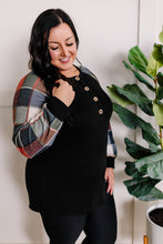 Load image into Gallery viewer, Button Front Henley With Plaid Sleeves In Black