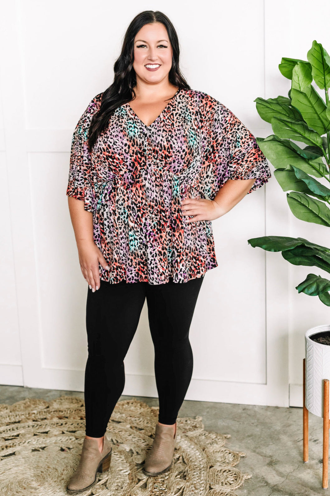 Dolman Sleeve Babydoll Top In Leopard Multi