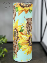 Load image into Gallery viewer, Teal Sunflower Highland Cow 20oz Skinny Tumbler