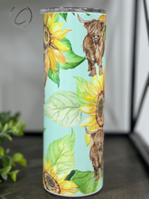 Load image into Gallery viewer, Teal Sunflower Highland Cow 20oz Skinny Tumbler