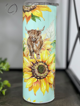Load image into Gallery viewer, Teal Sunflower Highland Cow 20oz Skinny Tumbler