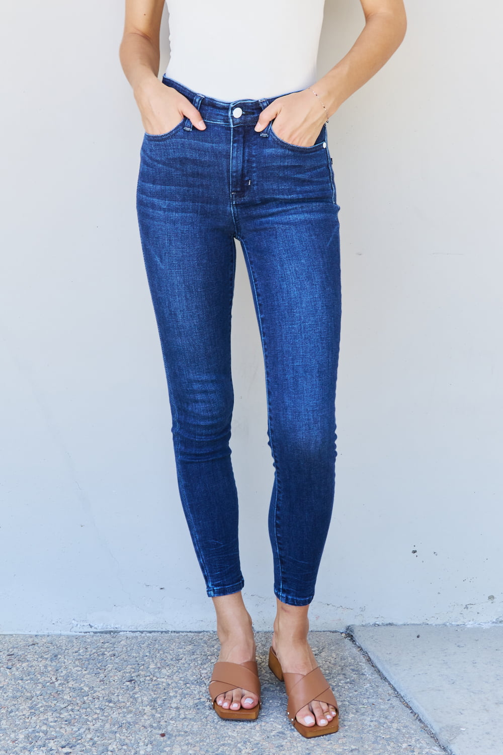 Mid Rise Crinkle Ankle Detail Skinny Judy Blue  Jeans